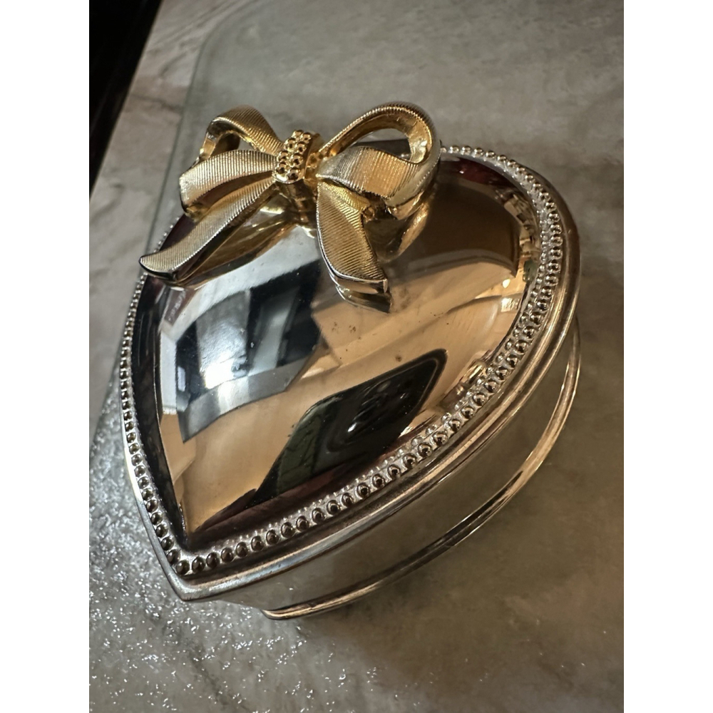 Vtg Heart Shape Real Silverplate Jewelry Box Bow Hinge Lid Red Velvet wedding
